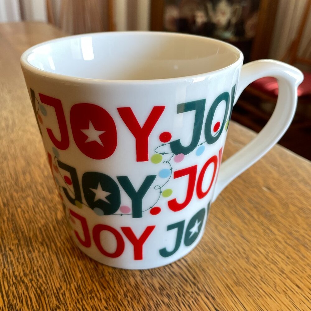 Joy Red Green Christmas Themed Coffee Cup by Maud Borup